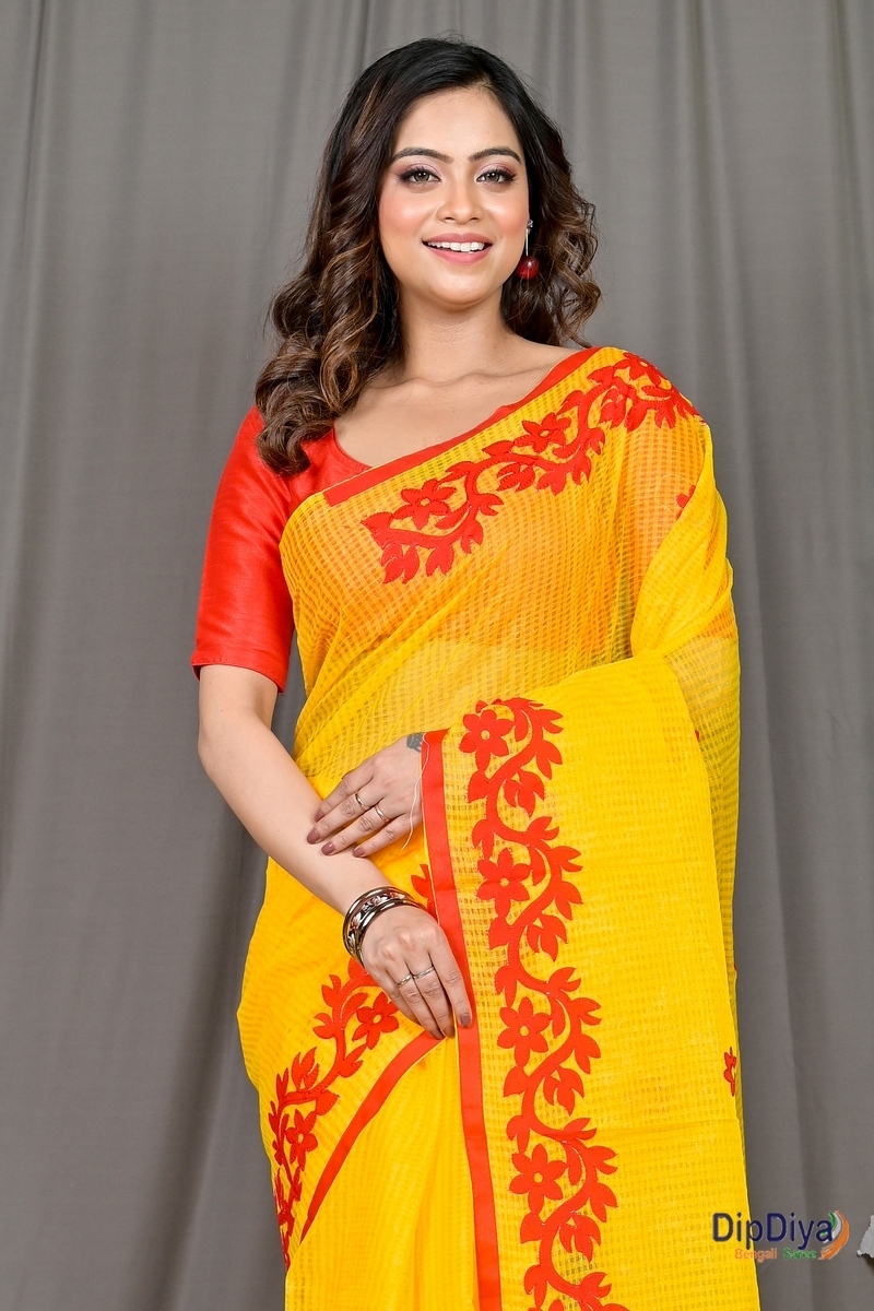 Yellow Red Kota Cotton Parvani Applique Saree (569)